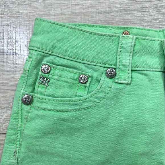 Miss Me JP5721H3 Neon Green Cutoff Denim Jean Shorts Floral Rhinestone Womens 27 - Picture 4 of 6